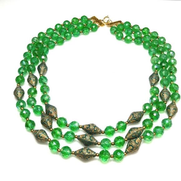 Vintage Green Gold Art Beads Necklace, Three Strands, 19 Inches - Picture 7 of 10